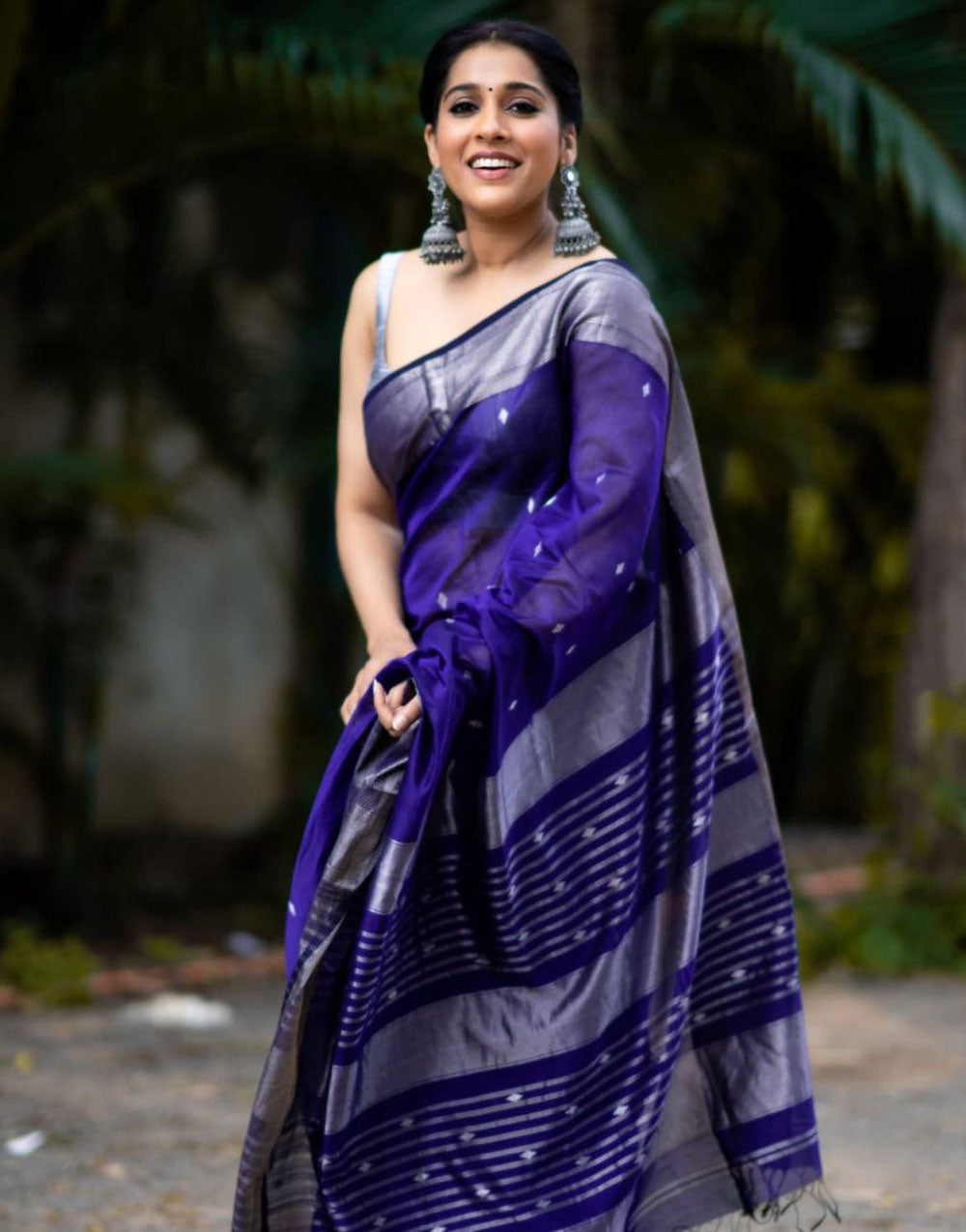 Berry Blue Soft Lichi Silk Saree With Zari Weaving Work