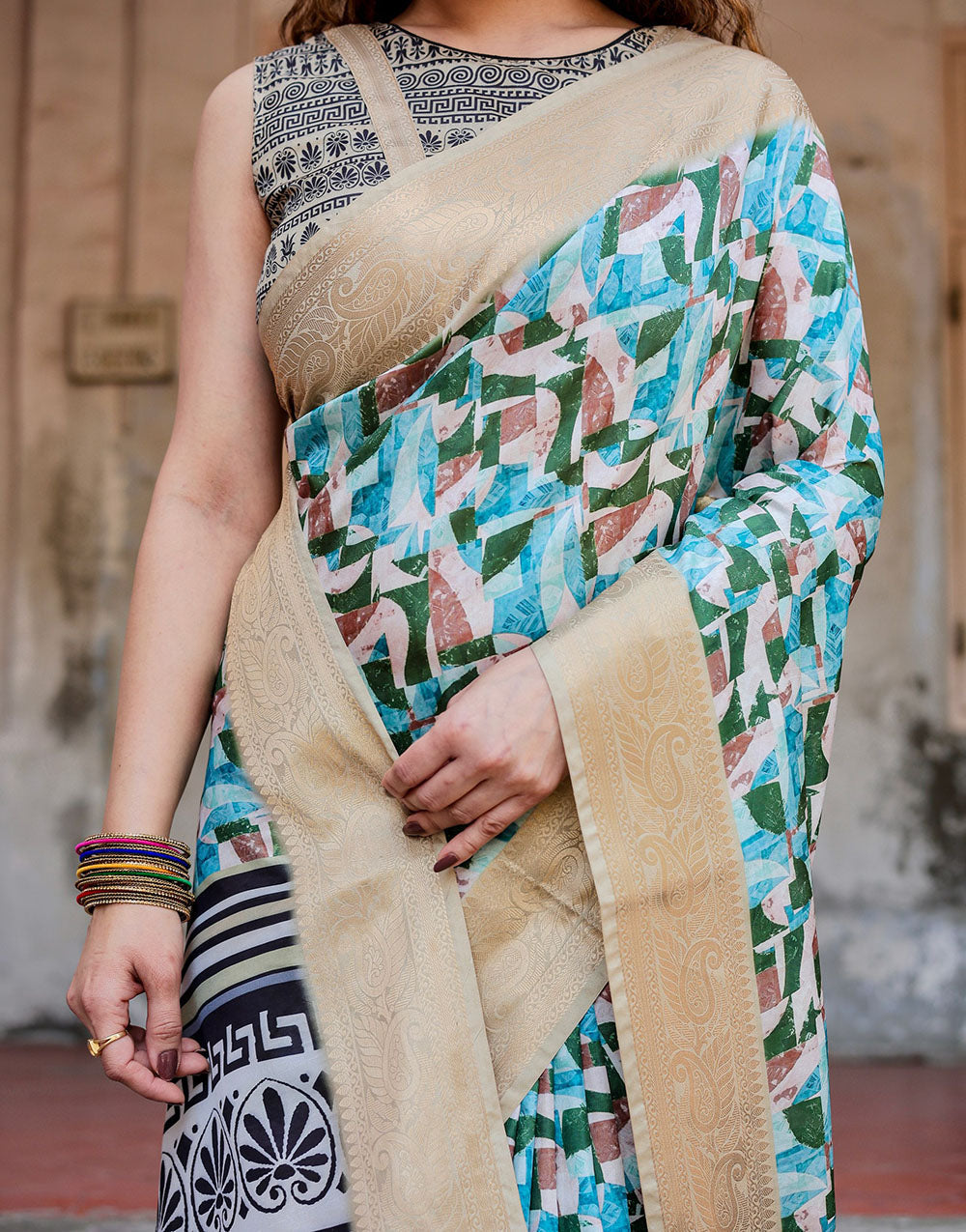 Light Blue & Green Silk Saree With Digital Printed Work