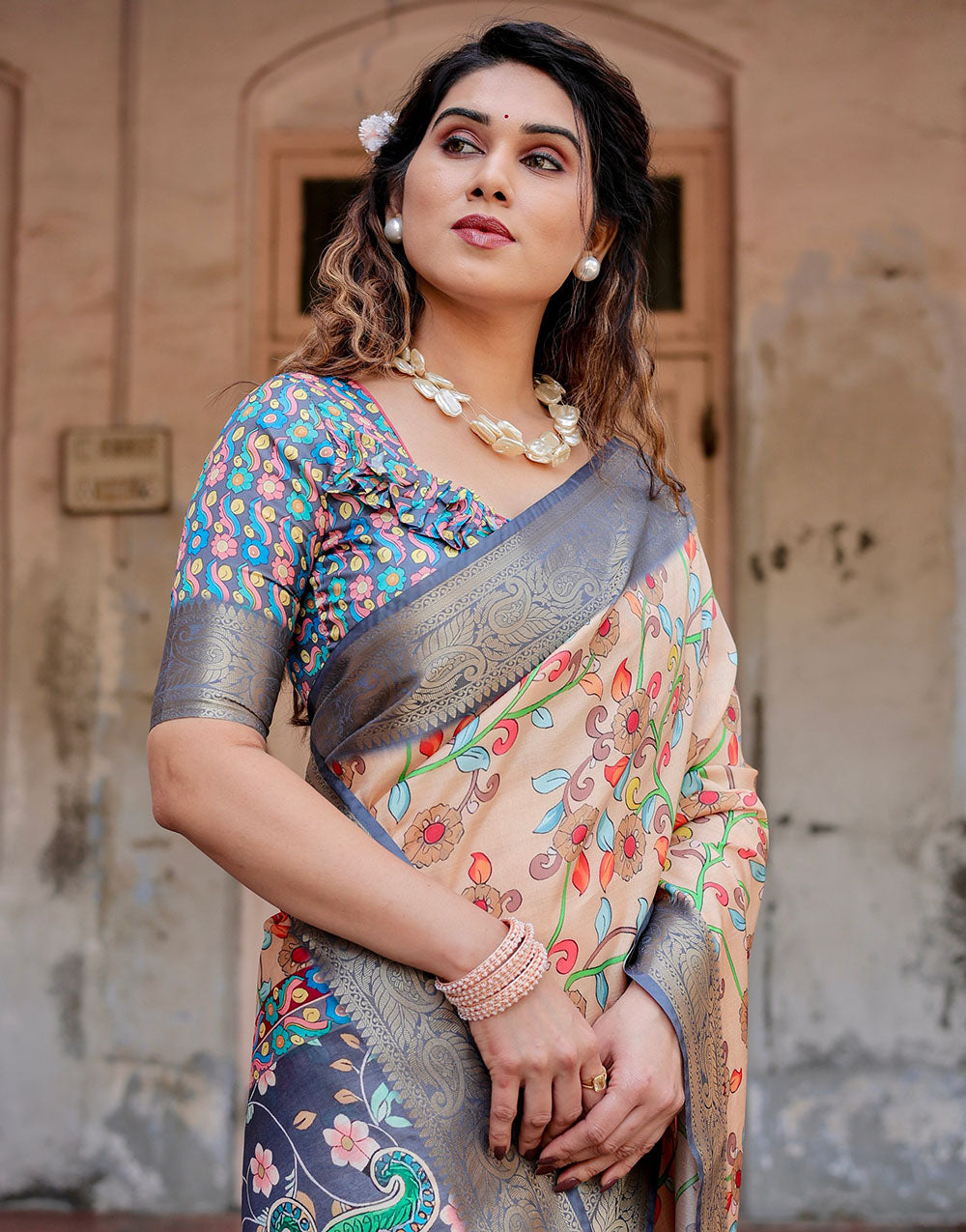 Light Coral Peach Silk Saree With Digital Printed Work
