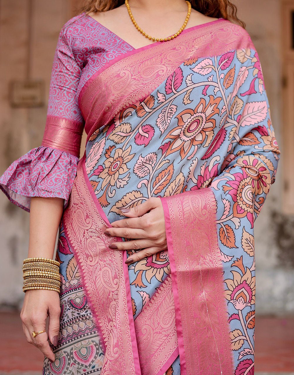 Light Blue & Pink Silk Saree With Digital Printed Work
