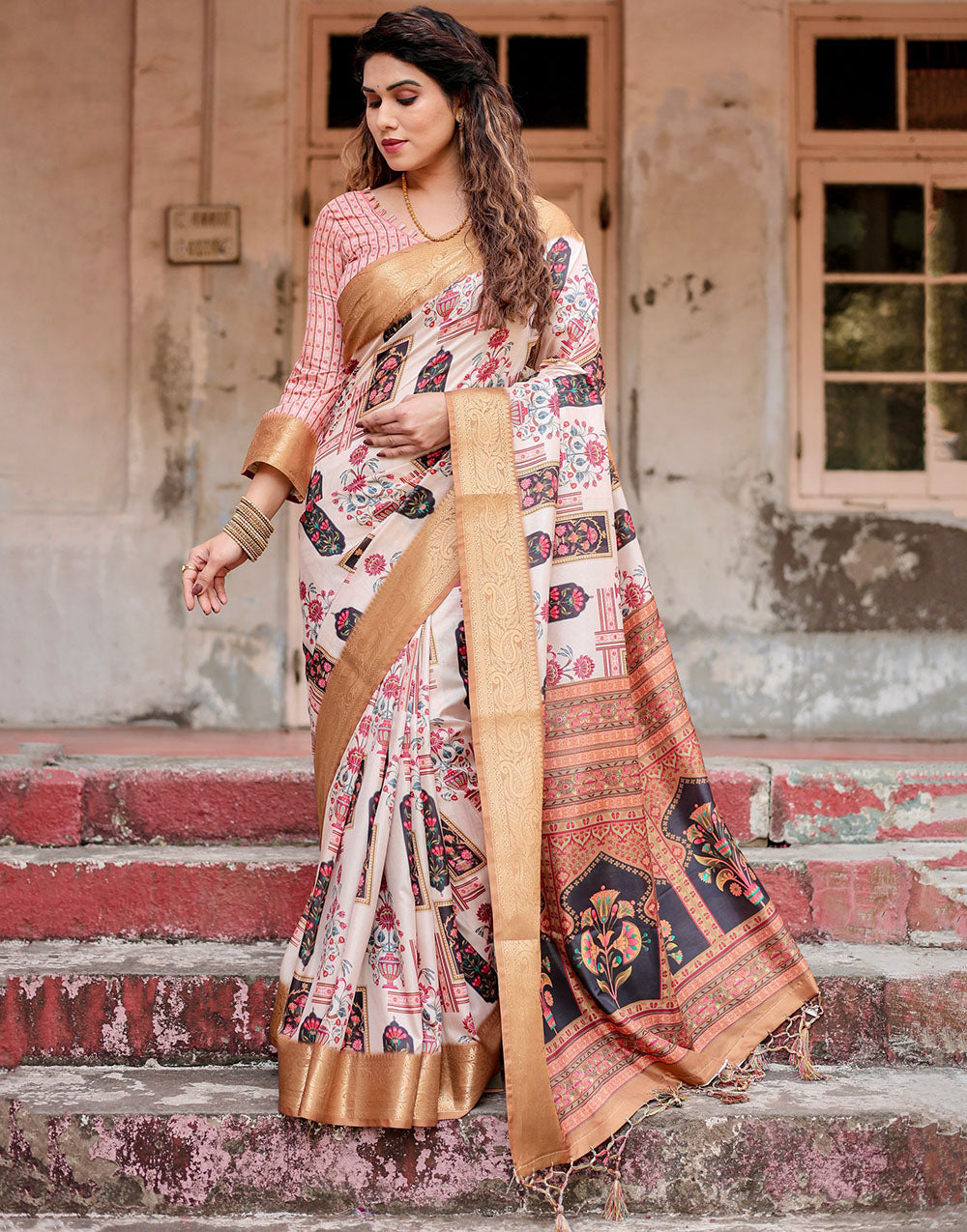 Cream & Light Brown Silk Saree With Digital Printed Work