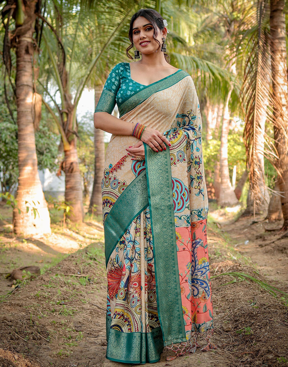 Pine Green & Beige Silk Saree With Digital Printed Work