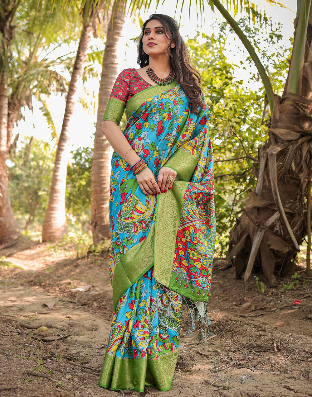 Deep Sky Blue & Green Silk Saree With Digital Printed Work