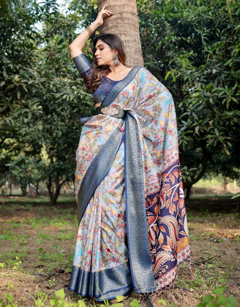 Blue Pure Silk Saree With Digital Printed Work
