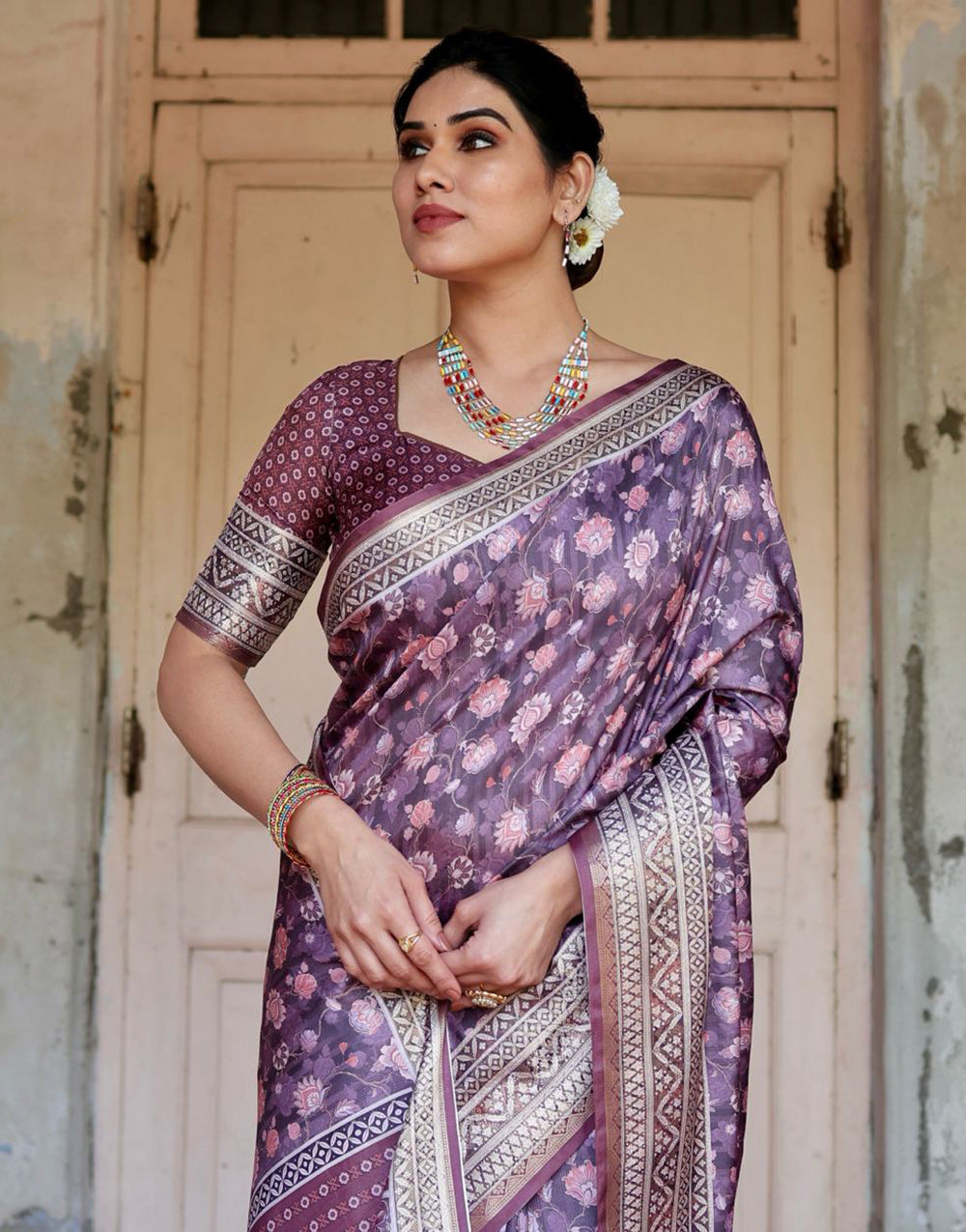 Luxury Purple Silk Saree With Digital Printed Work