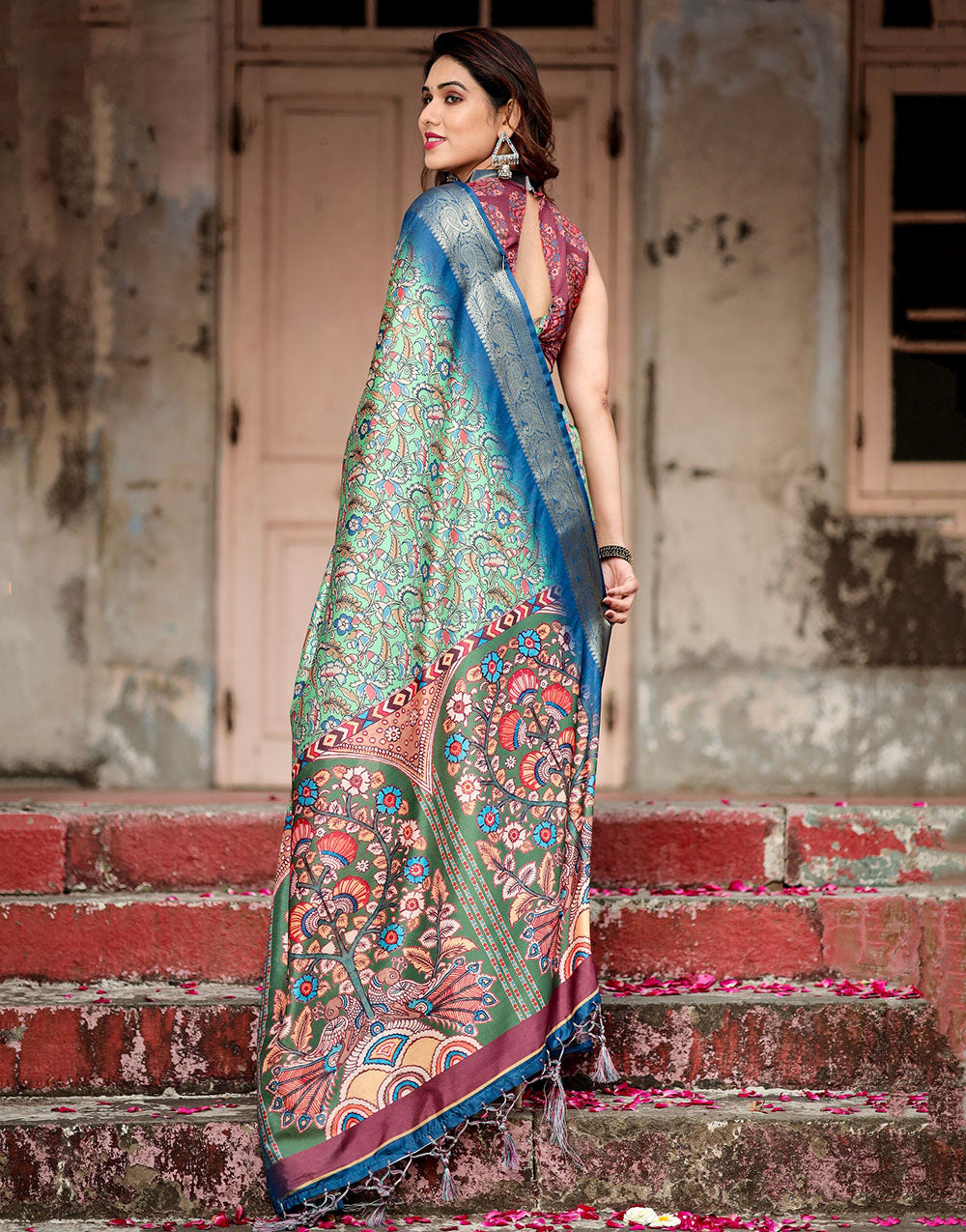 Cool Green & Teal Blue Digital Printed Silk Saree