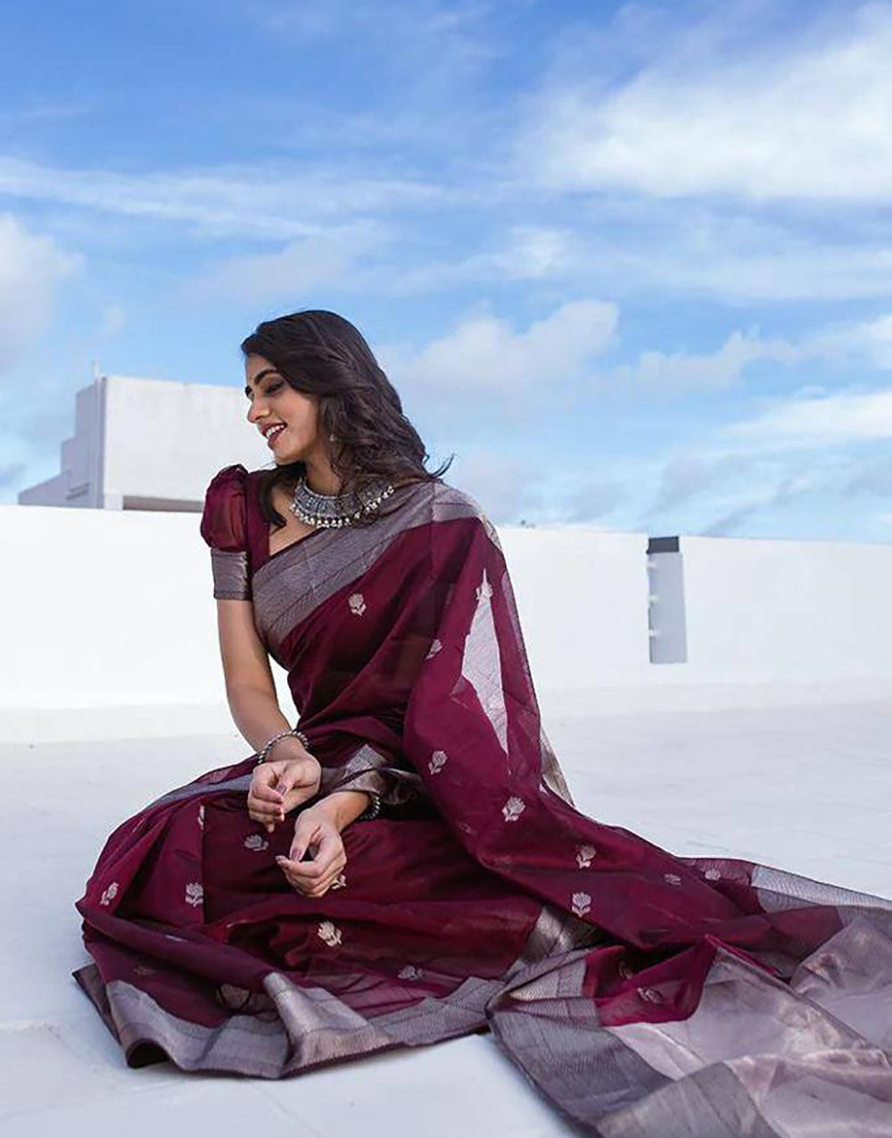 Wine Designer Soft Linen Saree With Weaving Work