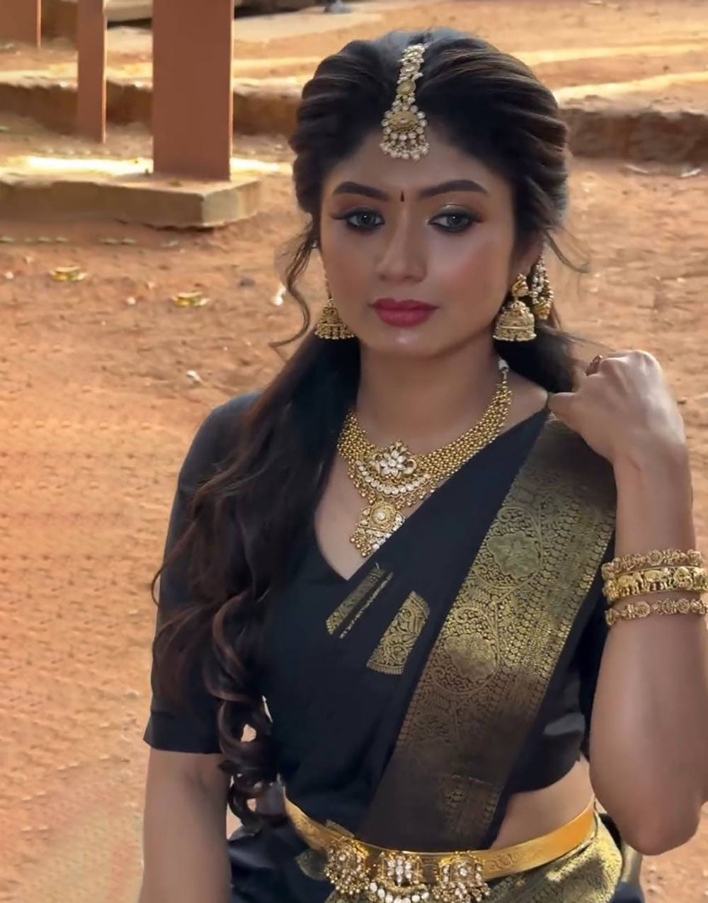 Black Soft Lichi Silk Saree With Gold Zari Weaving Work