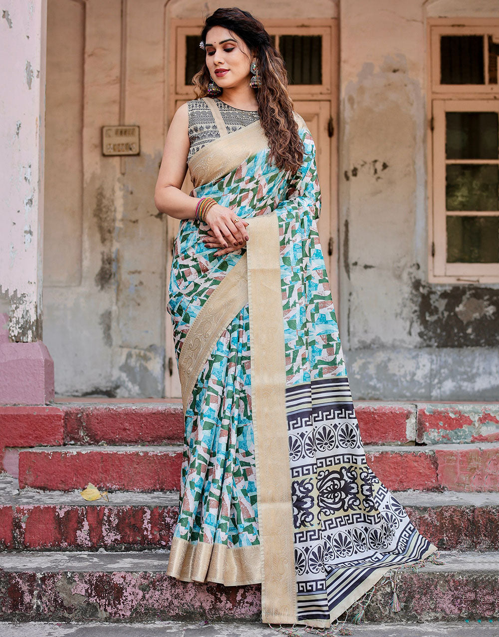 Light Blue & Green Silk Saree With Digital Printed Work