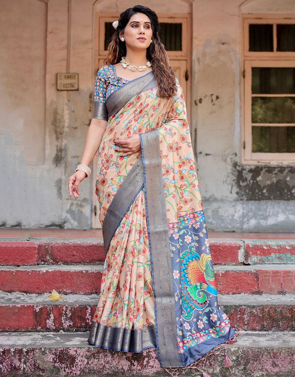 Light Coral Peach Silk Saree With Digital Printed Work