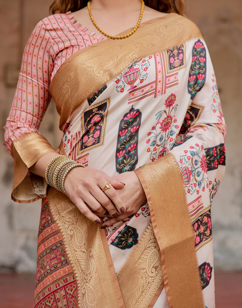 Cream & Light Brown Silk Saree With Digital Printed Work