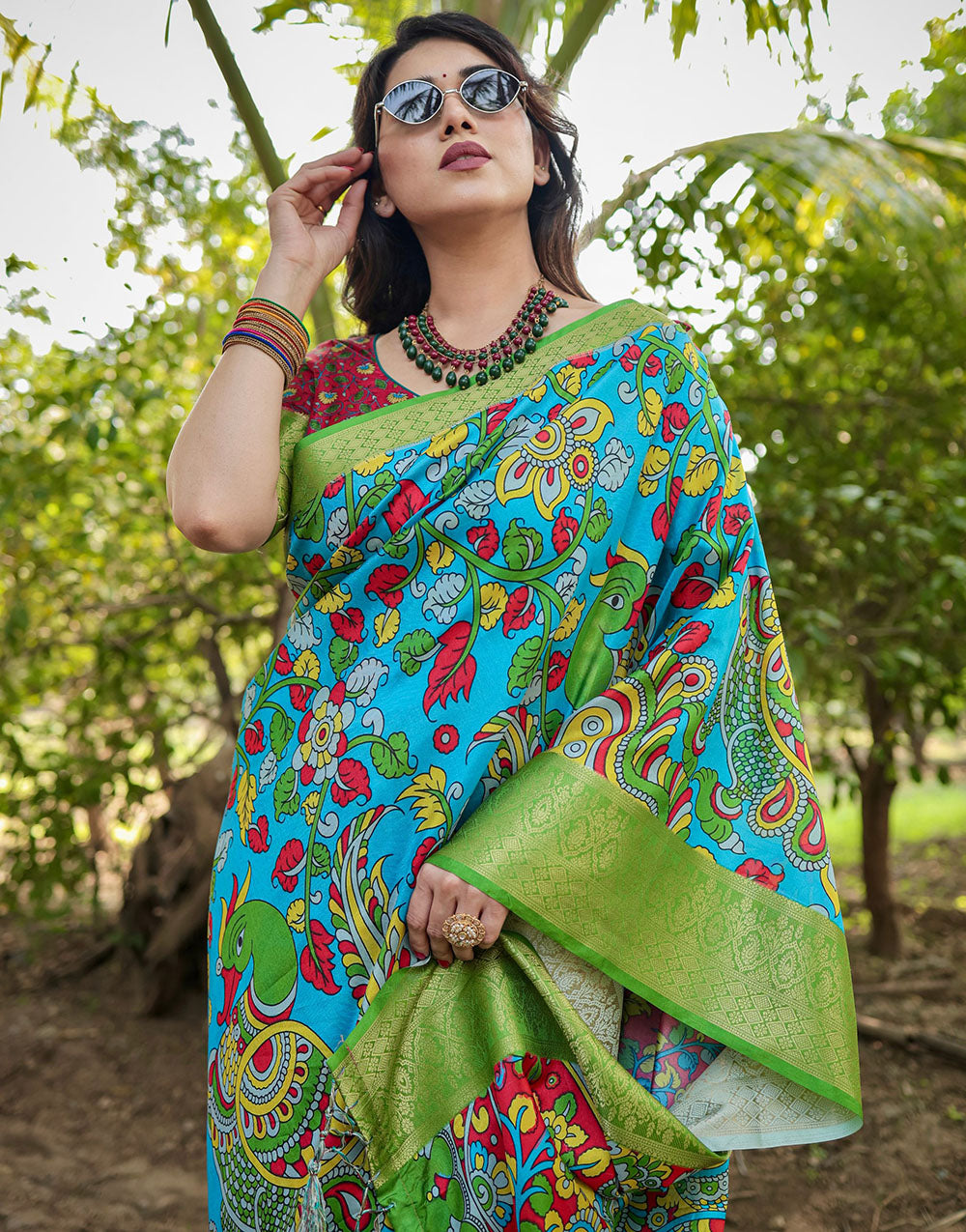 Deep Sky Blue & Green Silk Saree With Digital Printed Work