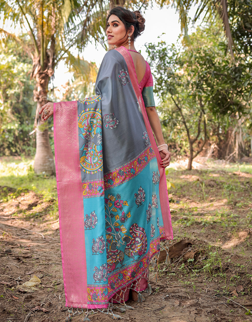 Steel Grey Silk Saree With Digital Printed Work