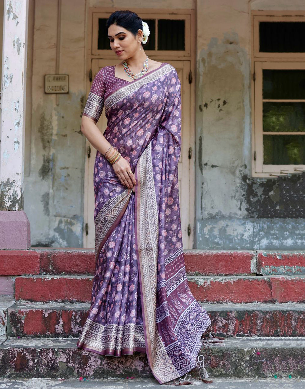 Luxury Purple Silk Saree With Digital Printed Work