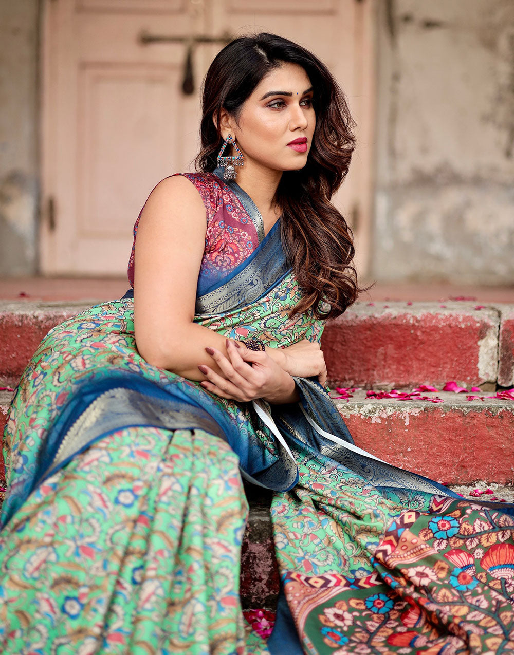 Cool Green & Teal Blue Digital Printed Silk Saree