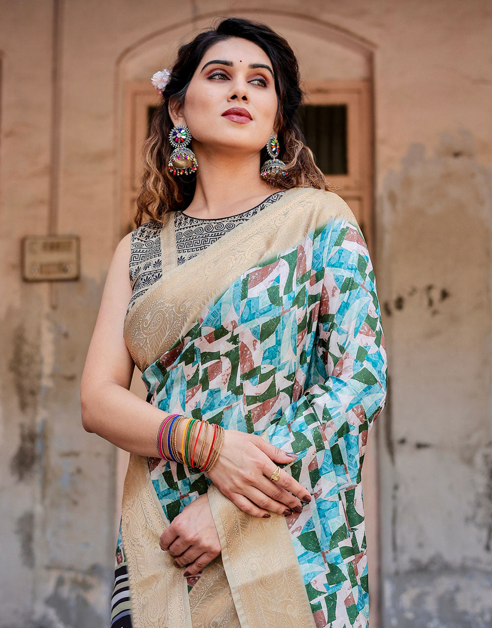 Light Blue & Green Silk Saree With Digital Printed Work