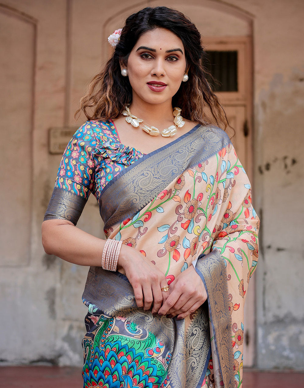 Light Coral Peach Silk Saree With Digital Printed Work