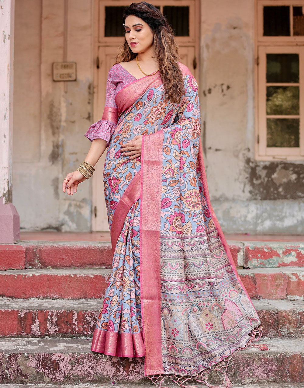Light Blue & Pink Silk Saree With Digital Printed Work