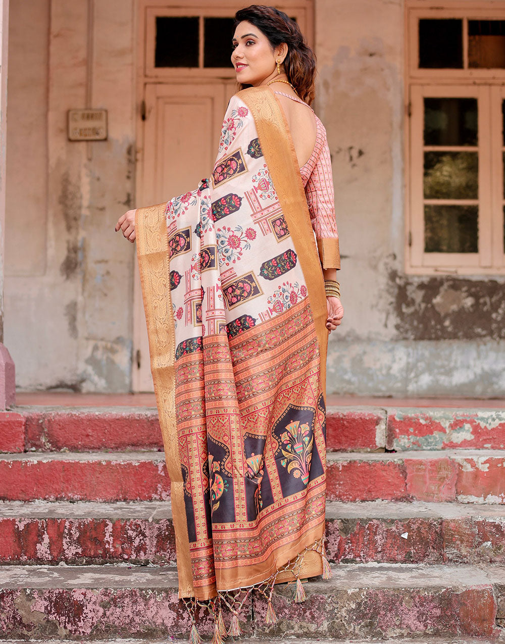 Cream & Light Brown Silk Saree With Digital Printed Work