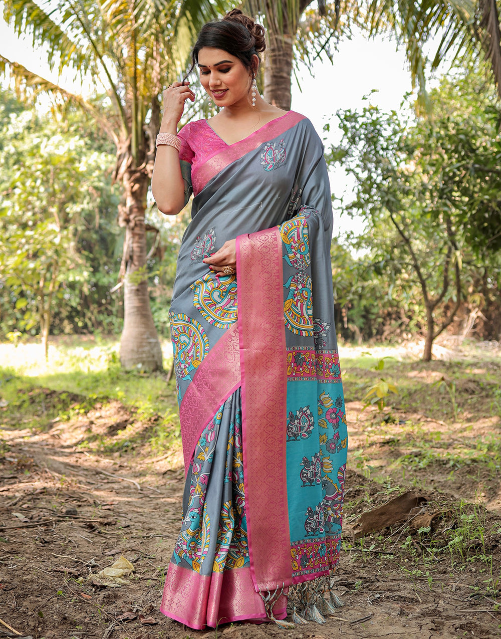 Steel Grey Silk Saree With Digital Printed Work