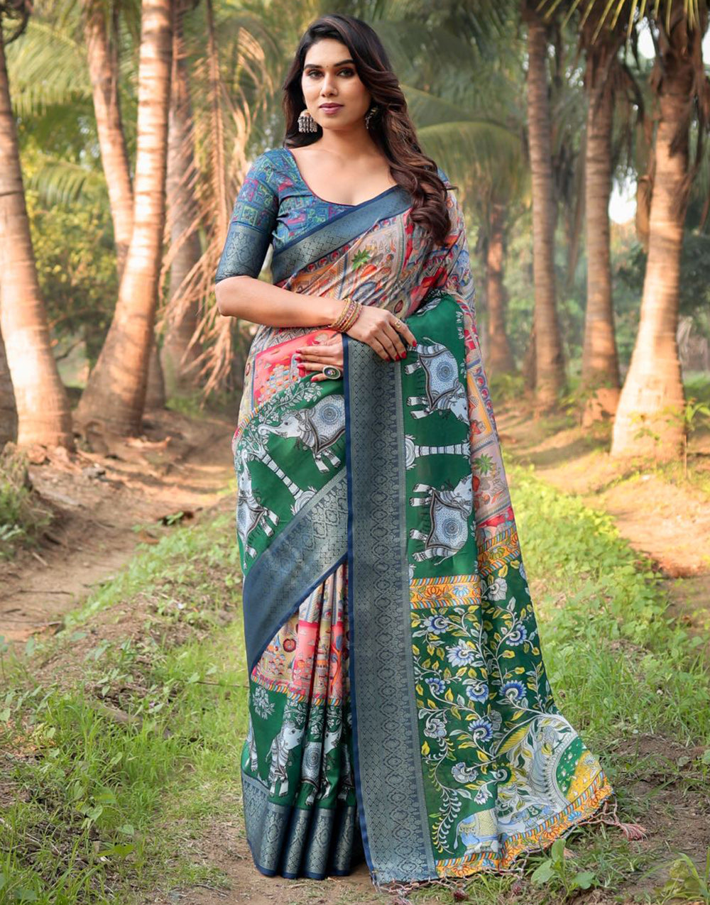 Dark Green Silk Saree With Digital Printed Work
