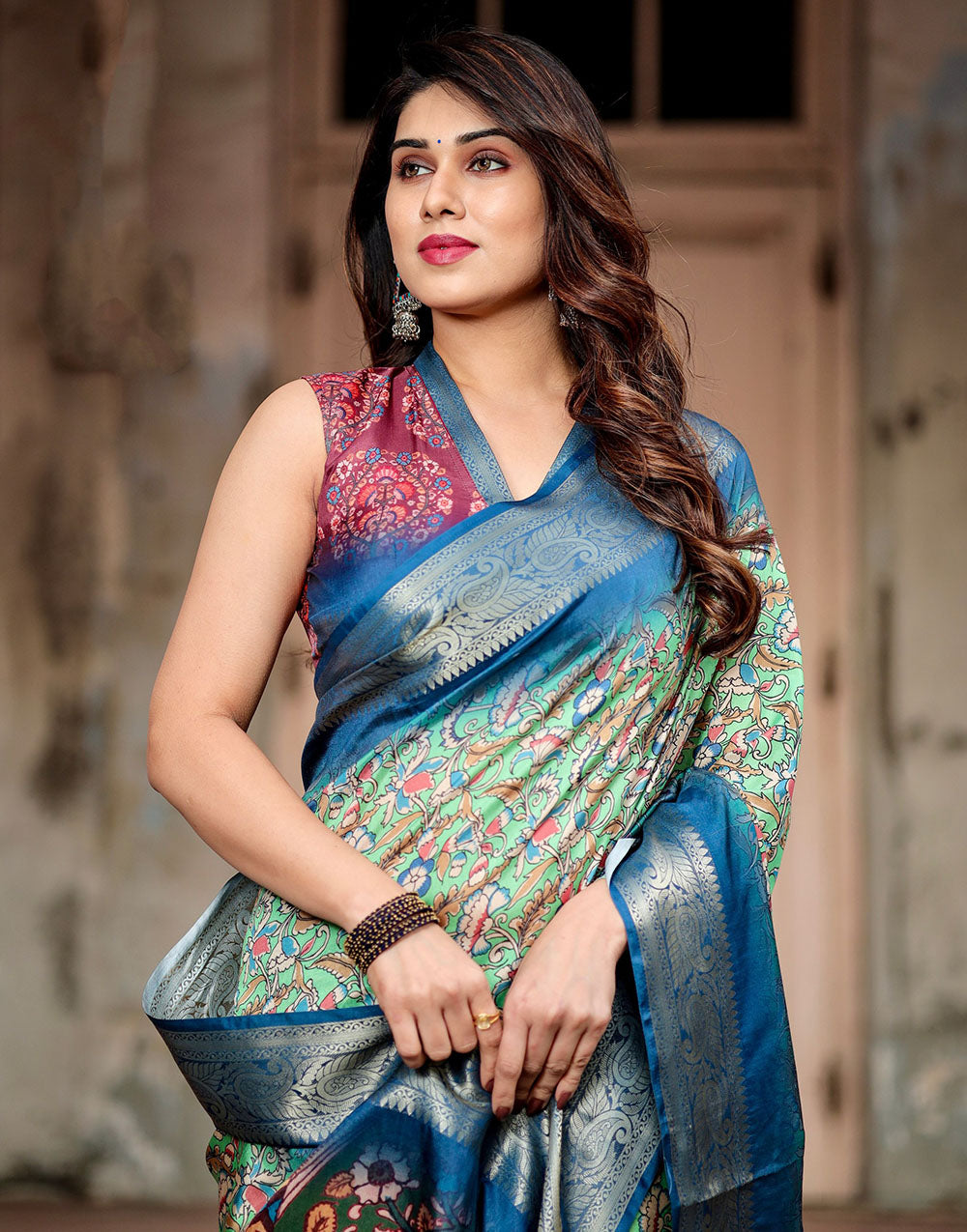Cool Green & Teal Blue Digital Printed Silk Saree