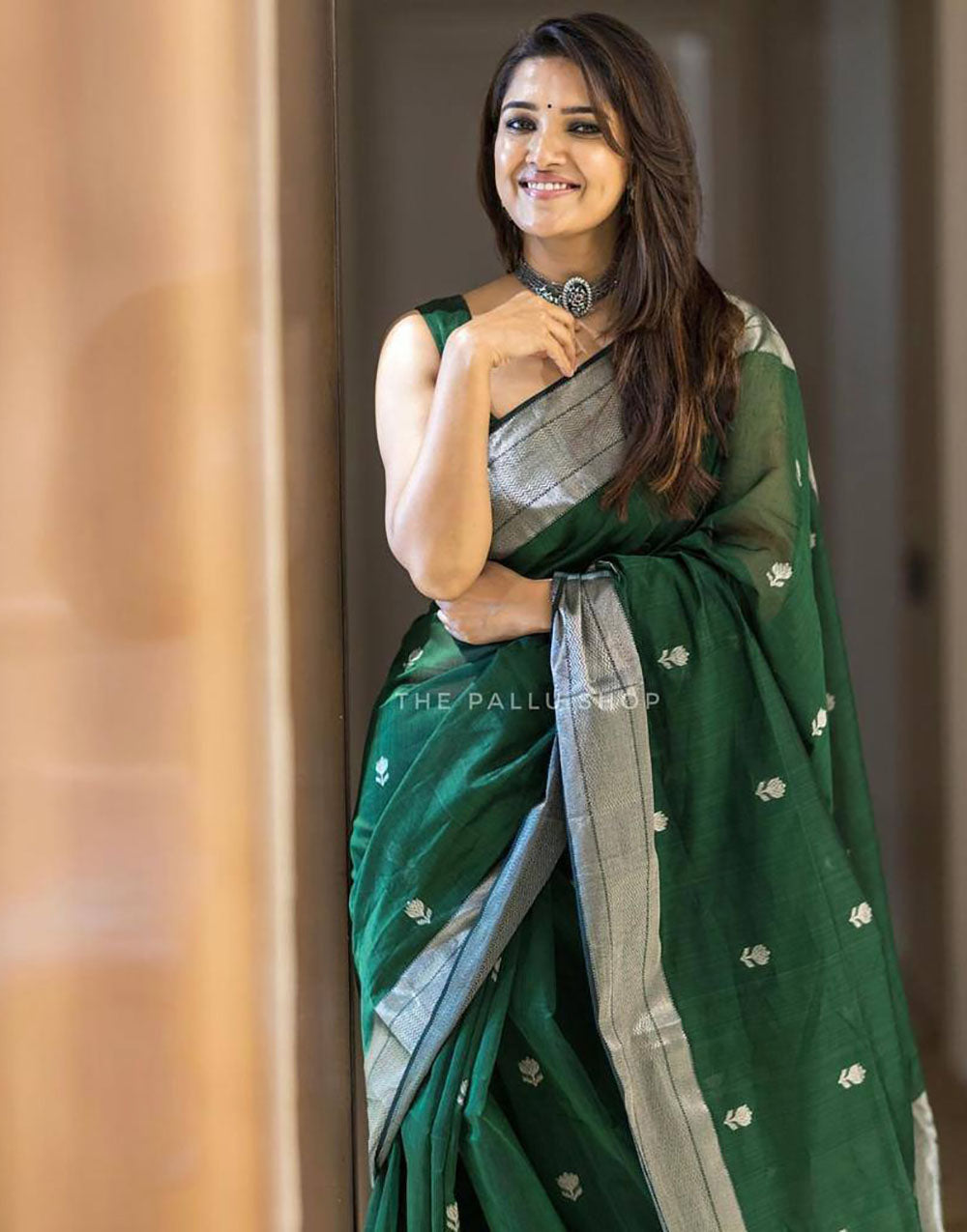 Dark Green Designer Soft Linen Saree With Weaving Work