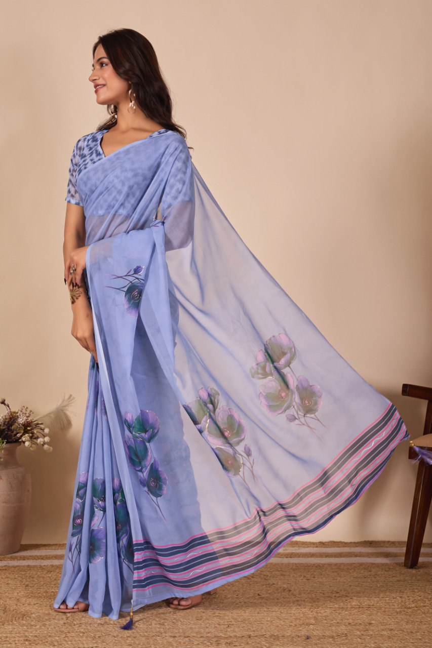 Heavy Gorggate Flower print Fabrics with Fancy Foil Print saree