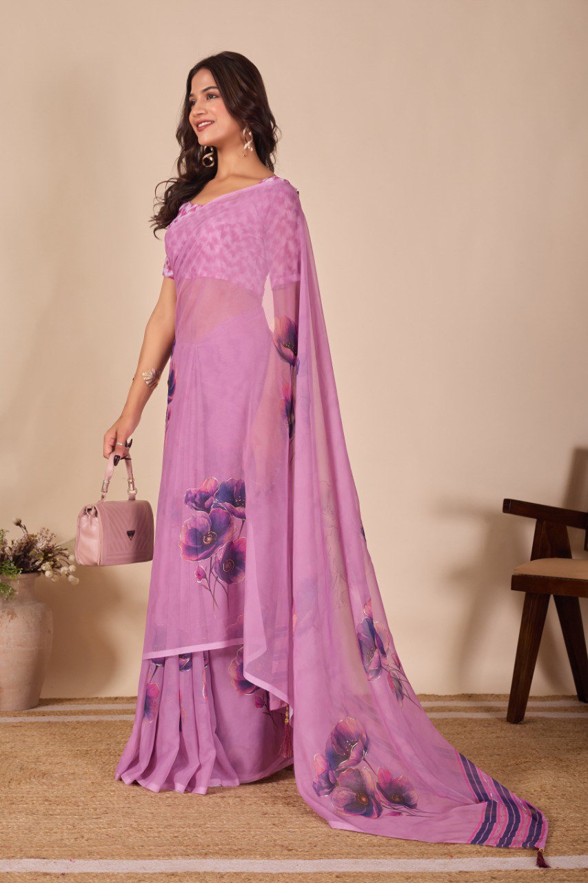 Heavy Gorggate Flower print Fabrics with Fancy Foil Print saree