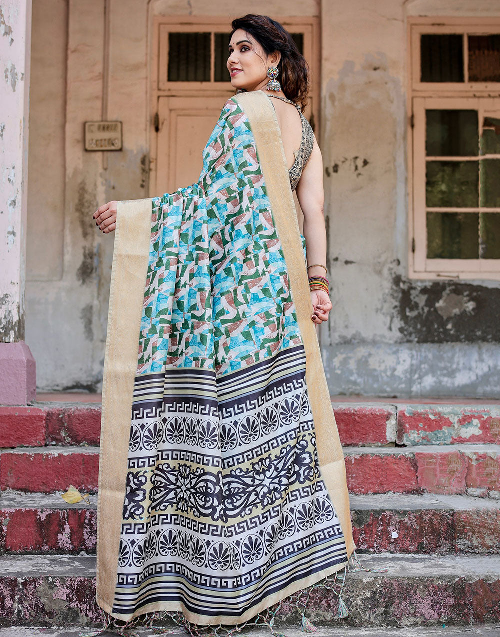 Light Blue & Green Silk Saree With Digital Printed Work
