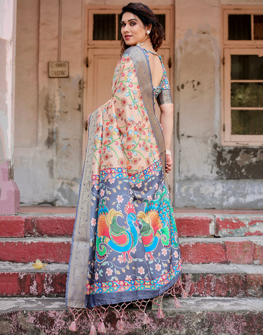 Light Coral Peach Silk Saree With Digital Printed Work