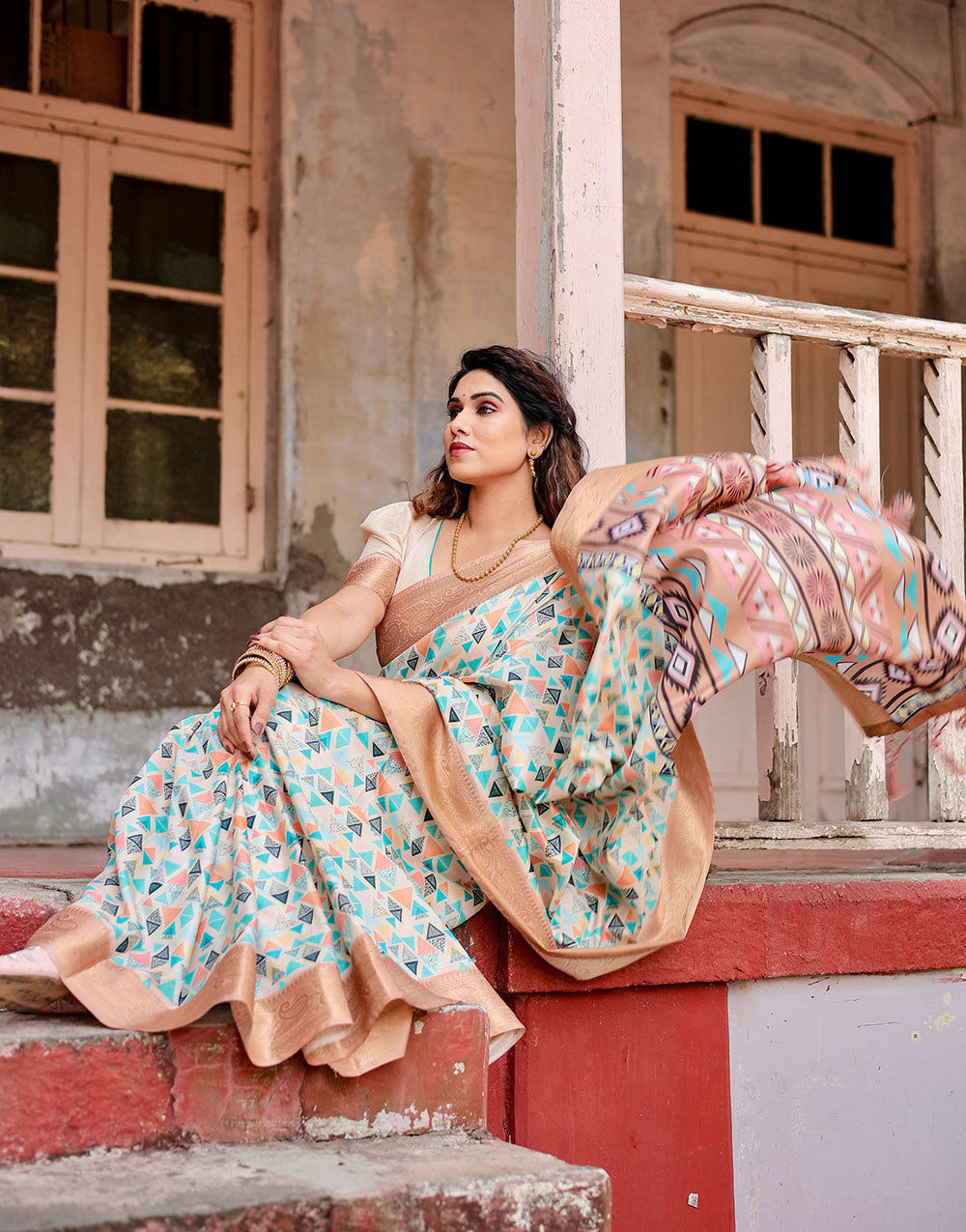 Beige & Arctic Blue Silk Saree With Digital Printed Work