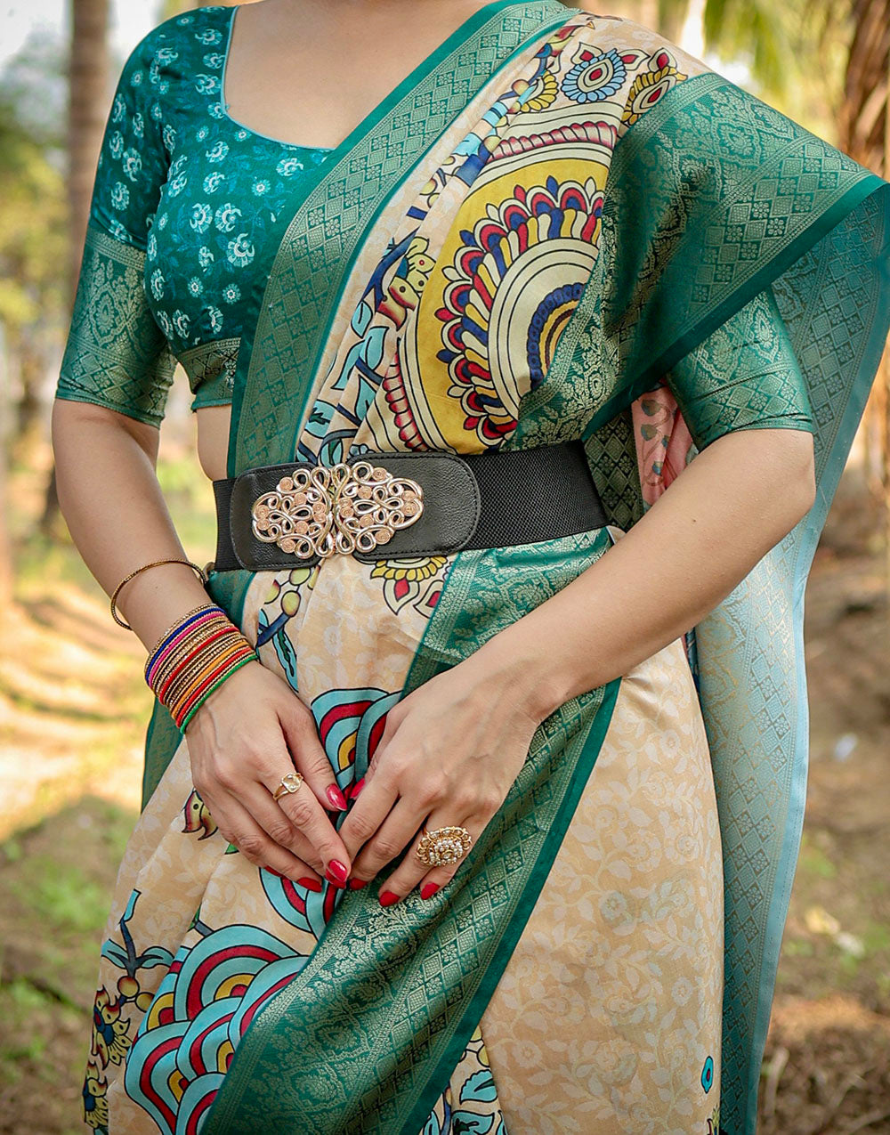 Pine Green & Beige Silk Saree With Digital Printed Work