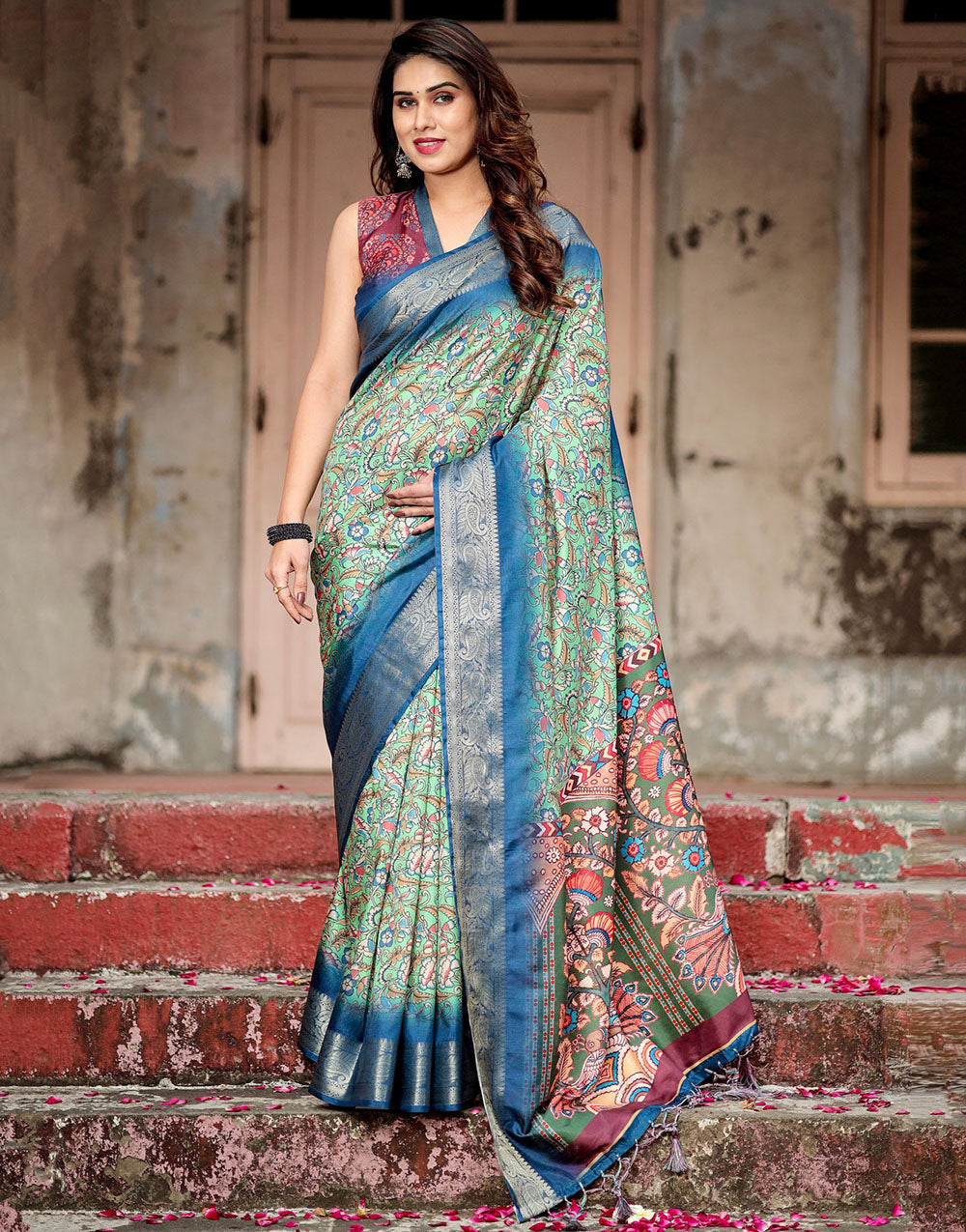 Cool Green & Teal Blue Digital Printed Silk Saree