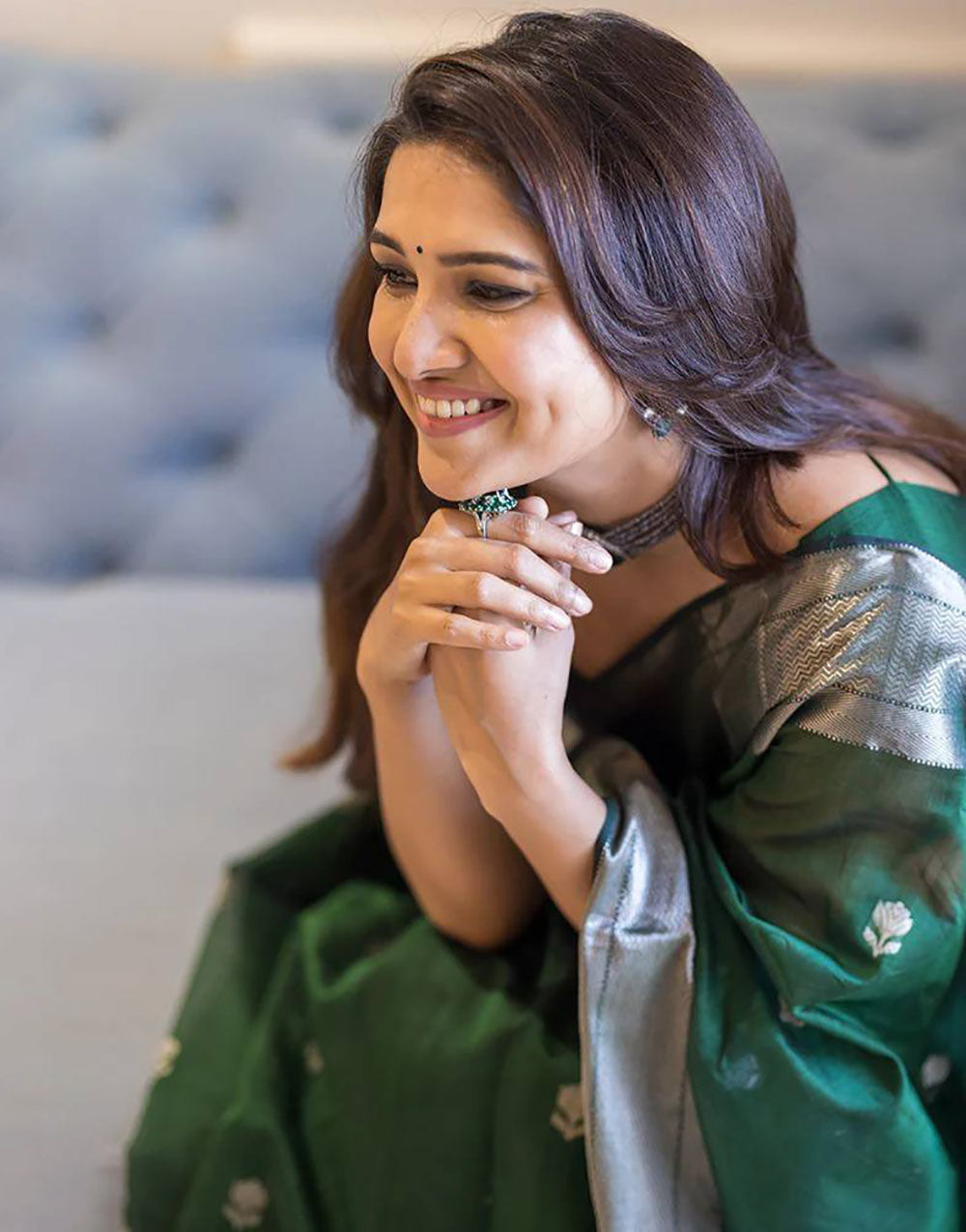 Dark Green Designer Soft Linen Saree With Weaving Work