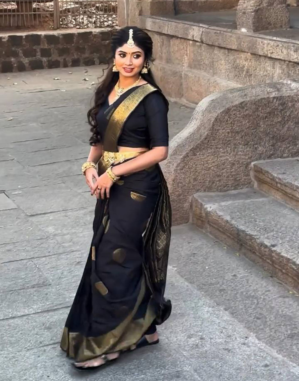 Black Soft Lichi Silk Saree With Gold Zari Weaving Work
