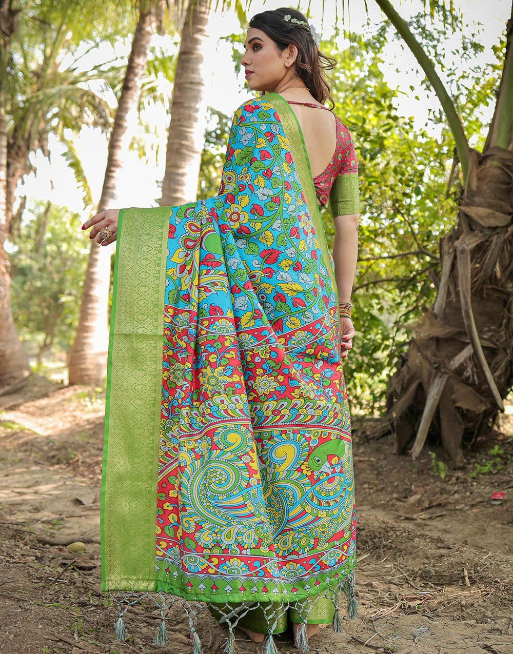 Deep Sky Blue & Green Silk Saree With Digital Printed Work