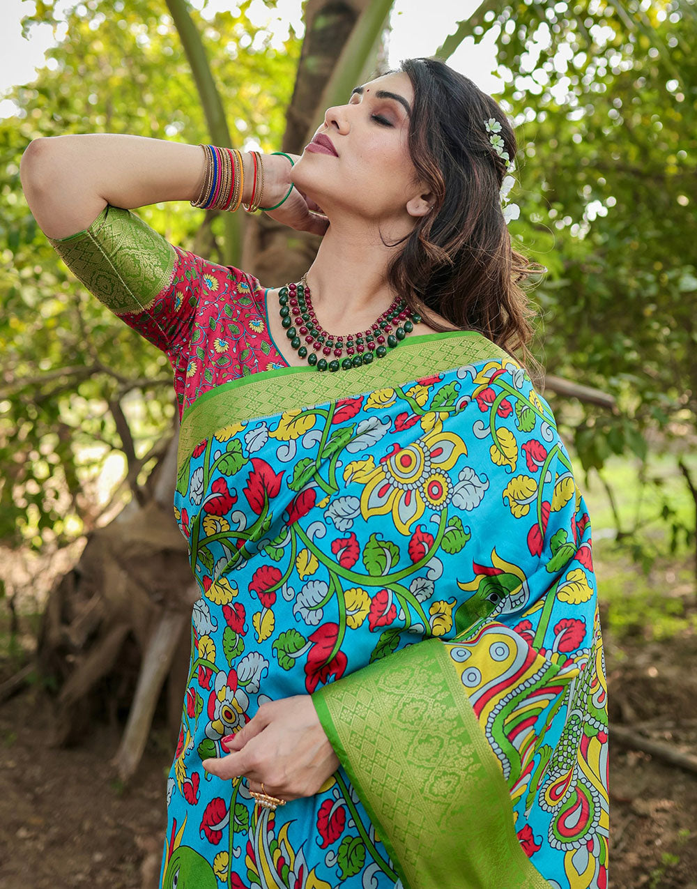 Deep Sky Blue & Green Silk Saree With Digital Printed Work