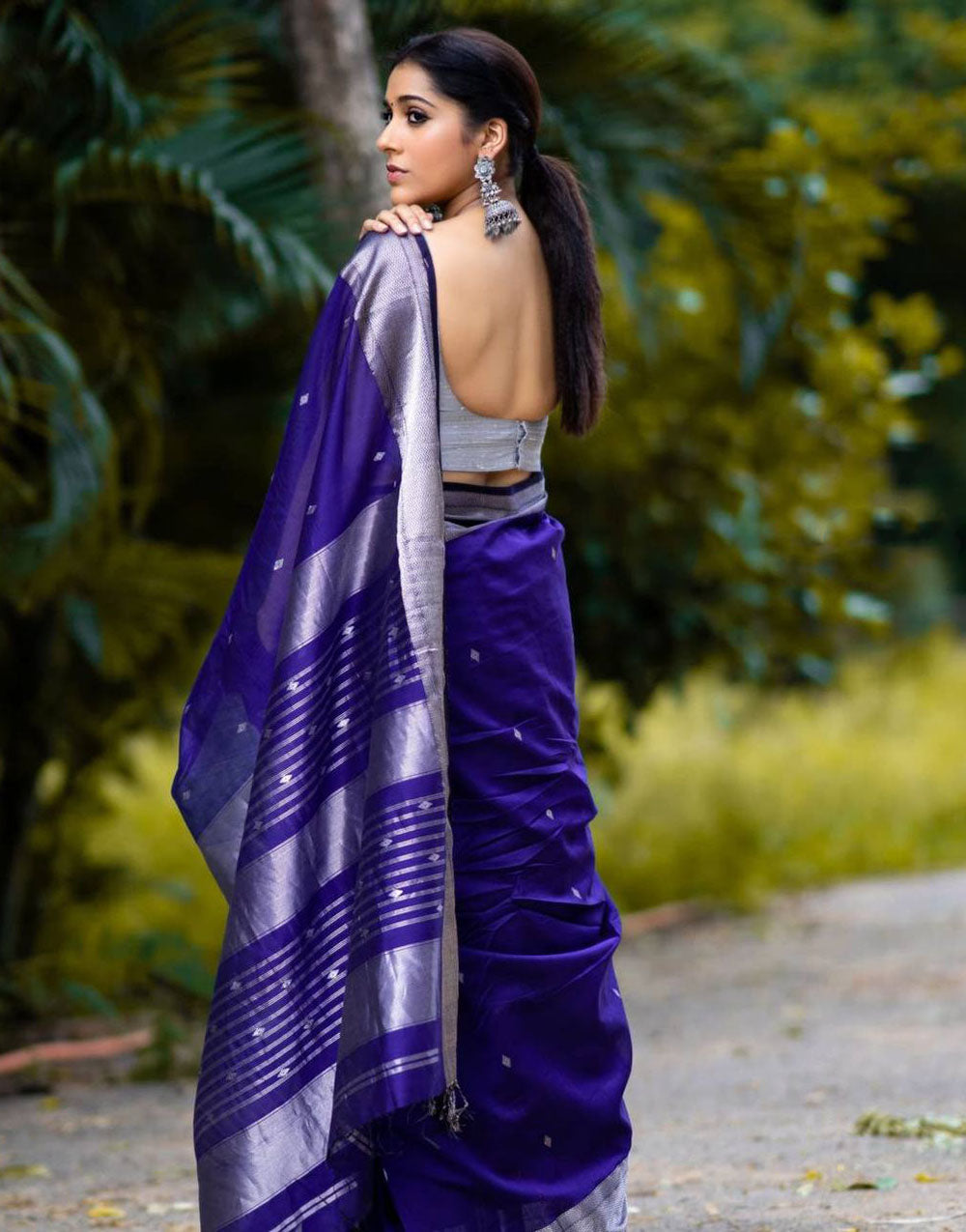 Berry Blue Soft Lichi Silk Saree With Zari Weaving Work