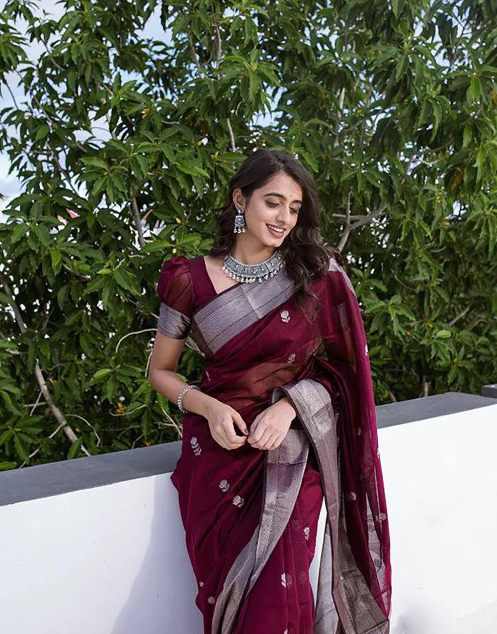 Wine Designer Soft Linen Saree With Weaving Work