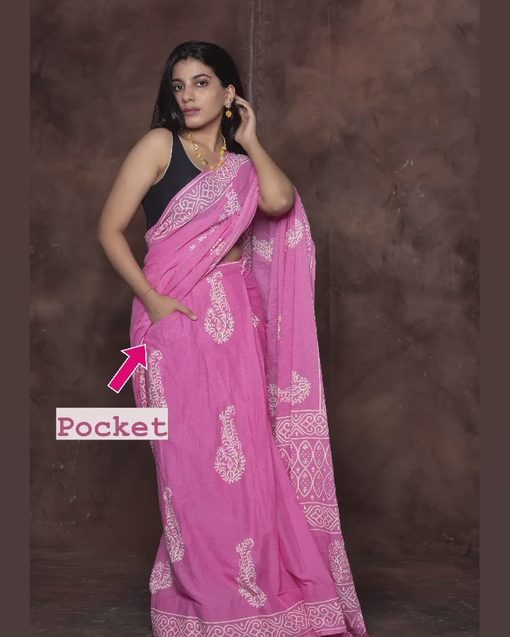 Pink Colour Mul Cotton Ready To Wear Saree With Pocket