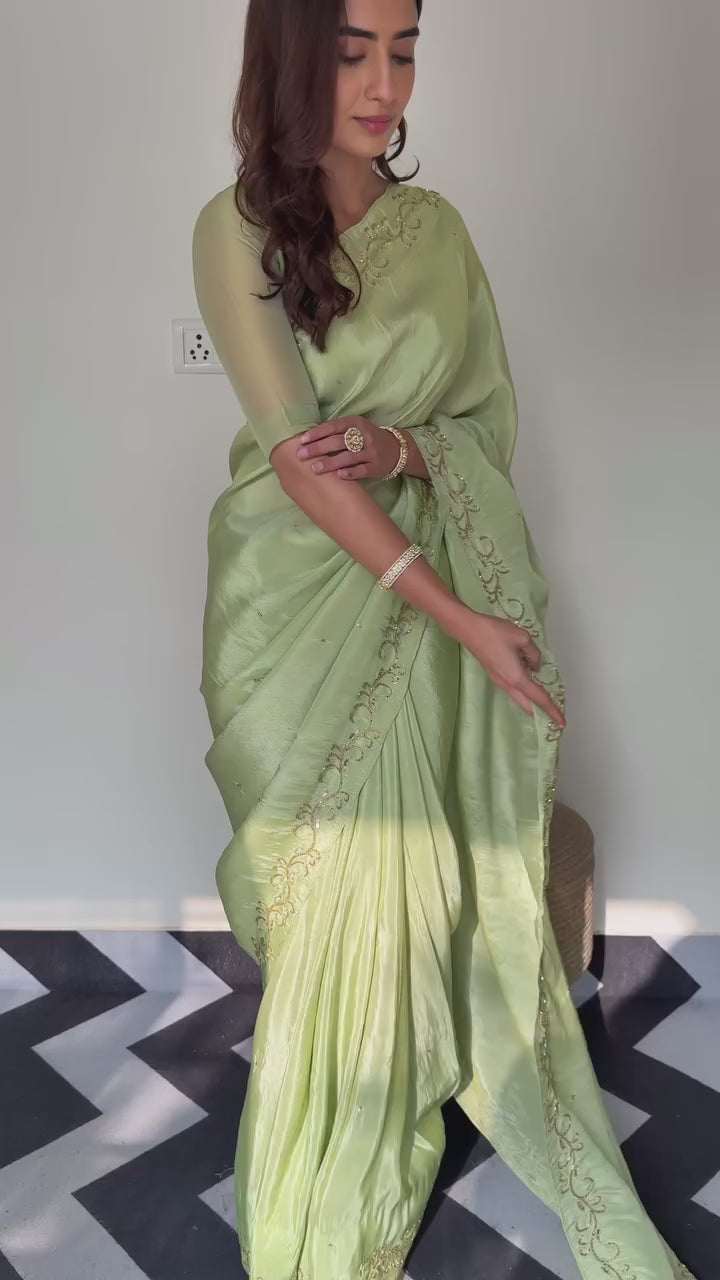 Green Color Designer Ready To Wear Saree With Stitched Blouse