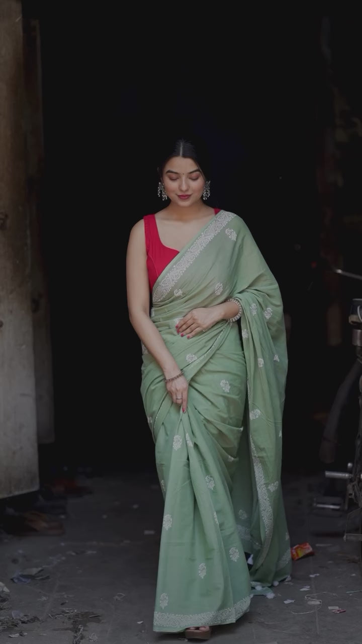 Pista Colour Mul Cotton Ready To Wear Saree With Pocket