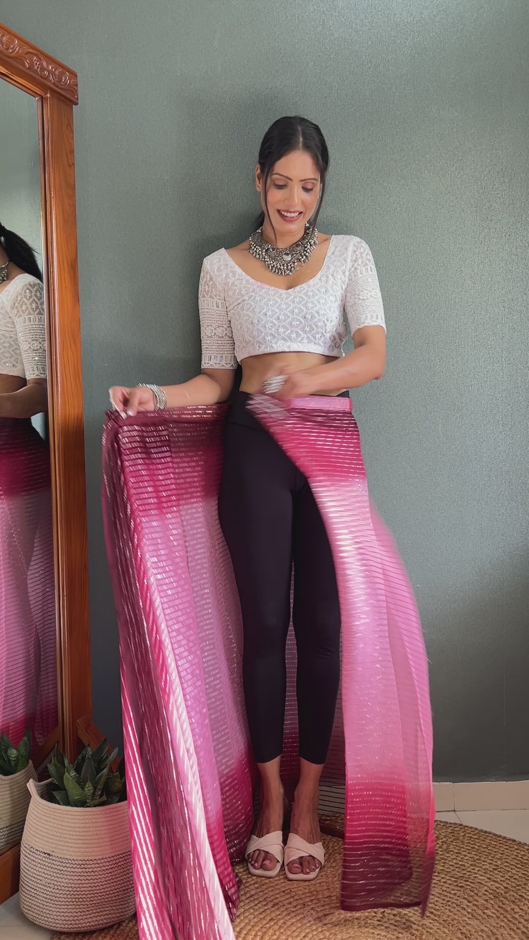 Chiffon Saree With Zari Work Patta Ready To Wear Saree