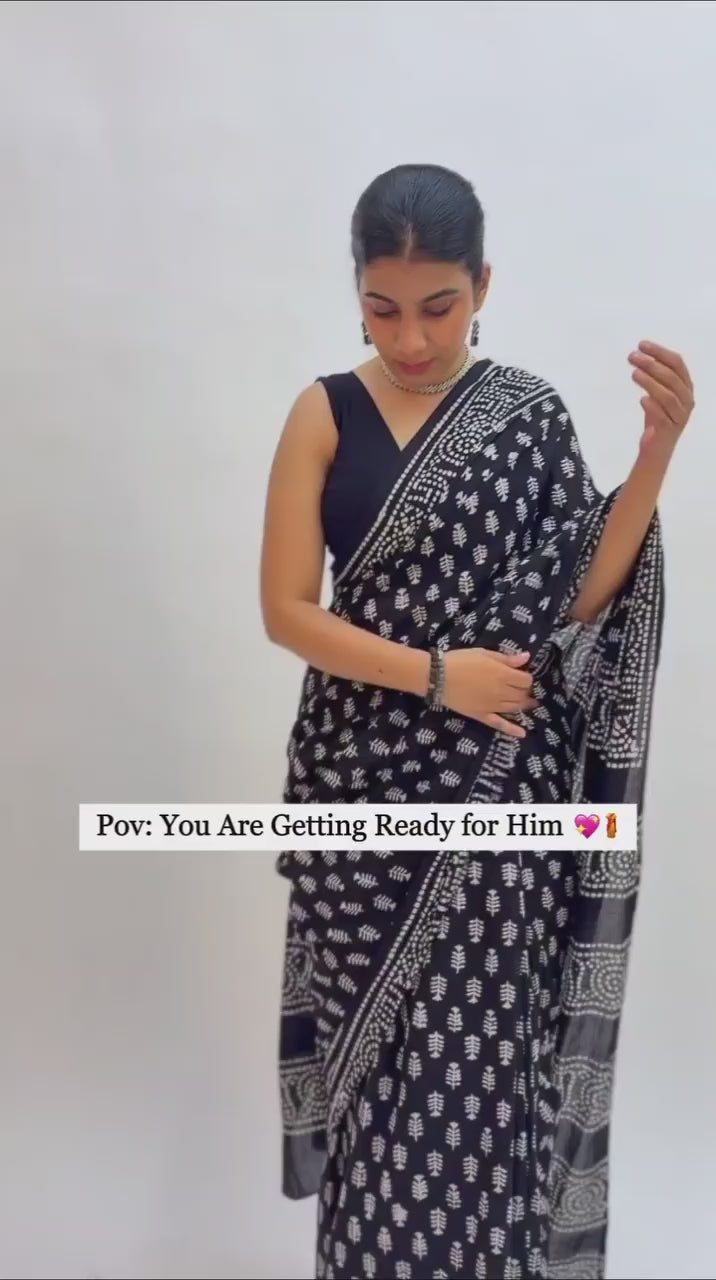 Black Colour Mul Cotton Ready To Wear Saree With Pocket