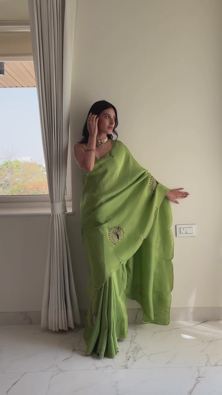 Green Color Designer Ready To Wear Saree With Stitched Blouse