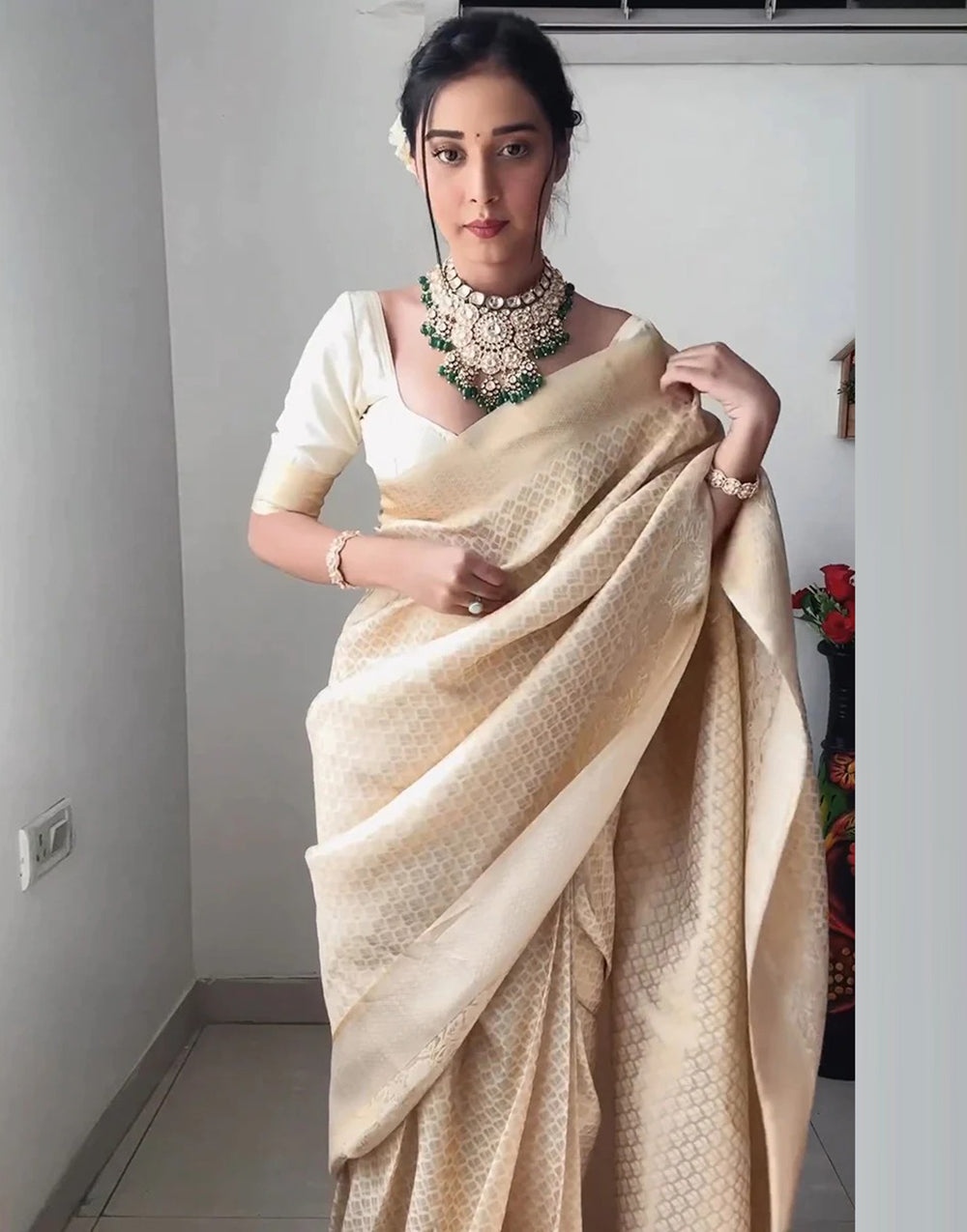 Cream Soft Silk Ready To Wear Saree