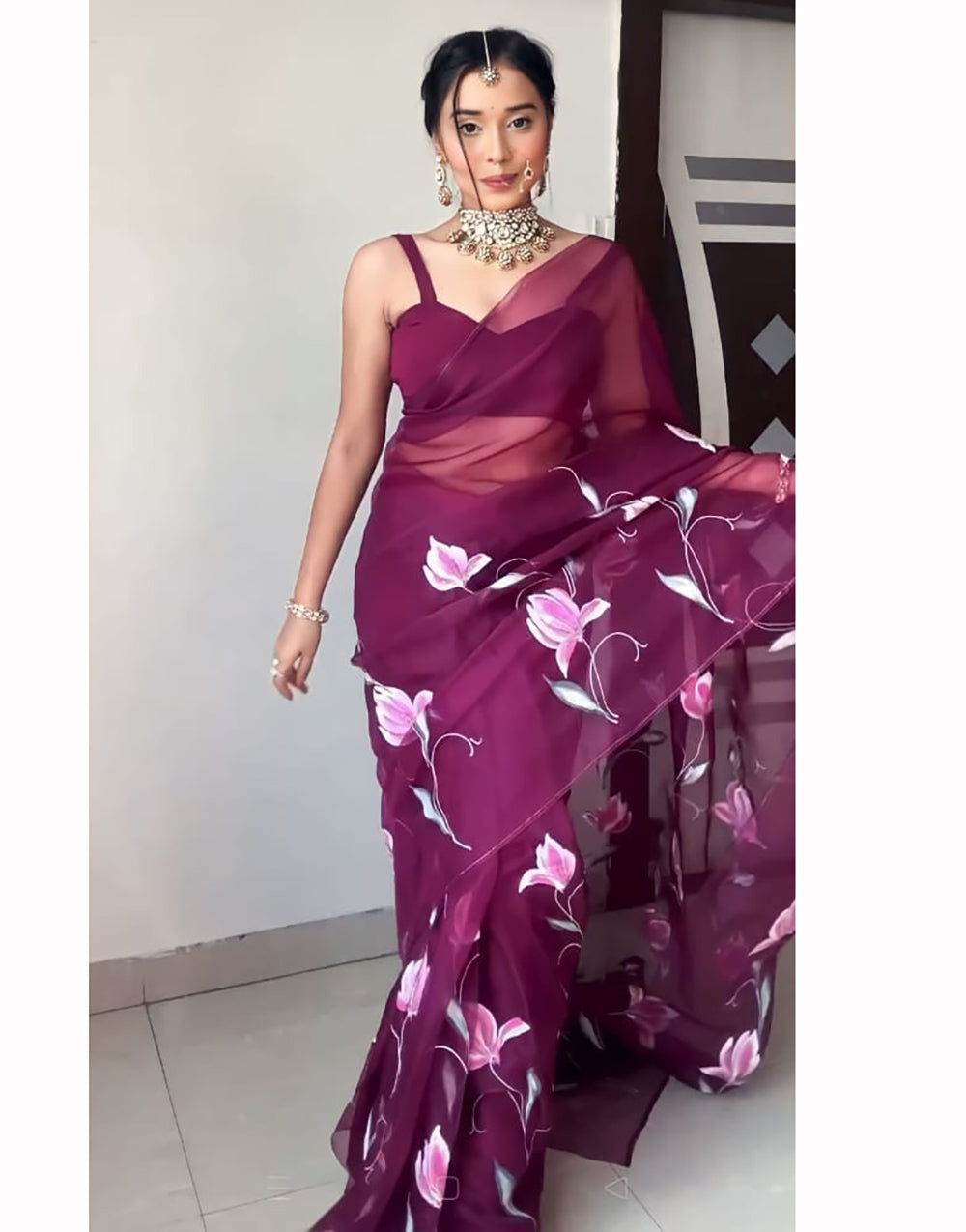 Wine Organza Ready To Wear Printed Saree
