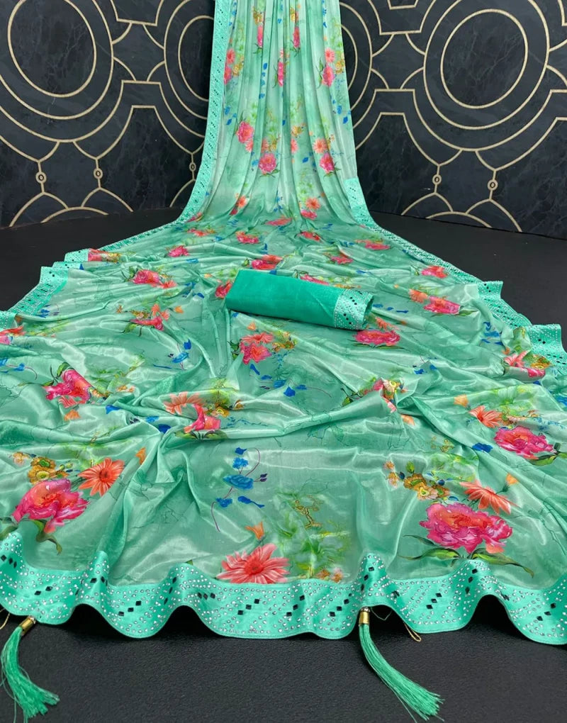 Sea Green Digital Printed Saree With Bangalori Silk Blouse