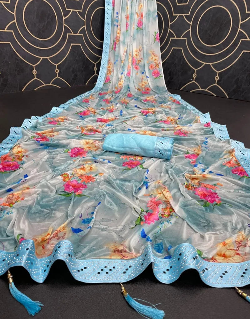 Light Blue Digital Printed Saree With Bangalori Silk Blouse